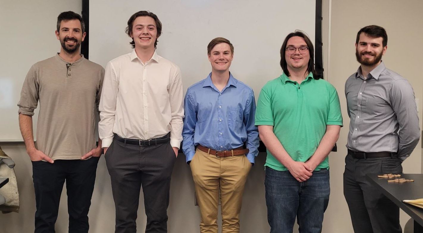Initiation May 2nd, 2023. From Left to Right: Dr. Christopher O'Bryan (A), Ryan Miller (I), Bryce Taylor (I), Nathaniel Grindstaff (P), Graham Bond (VP).