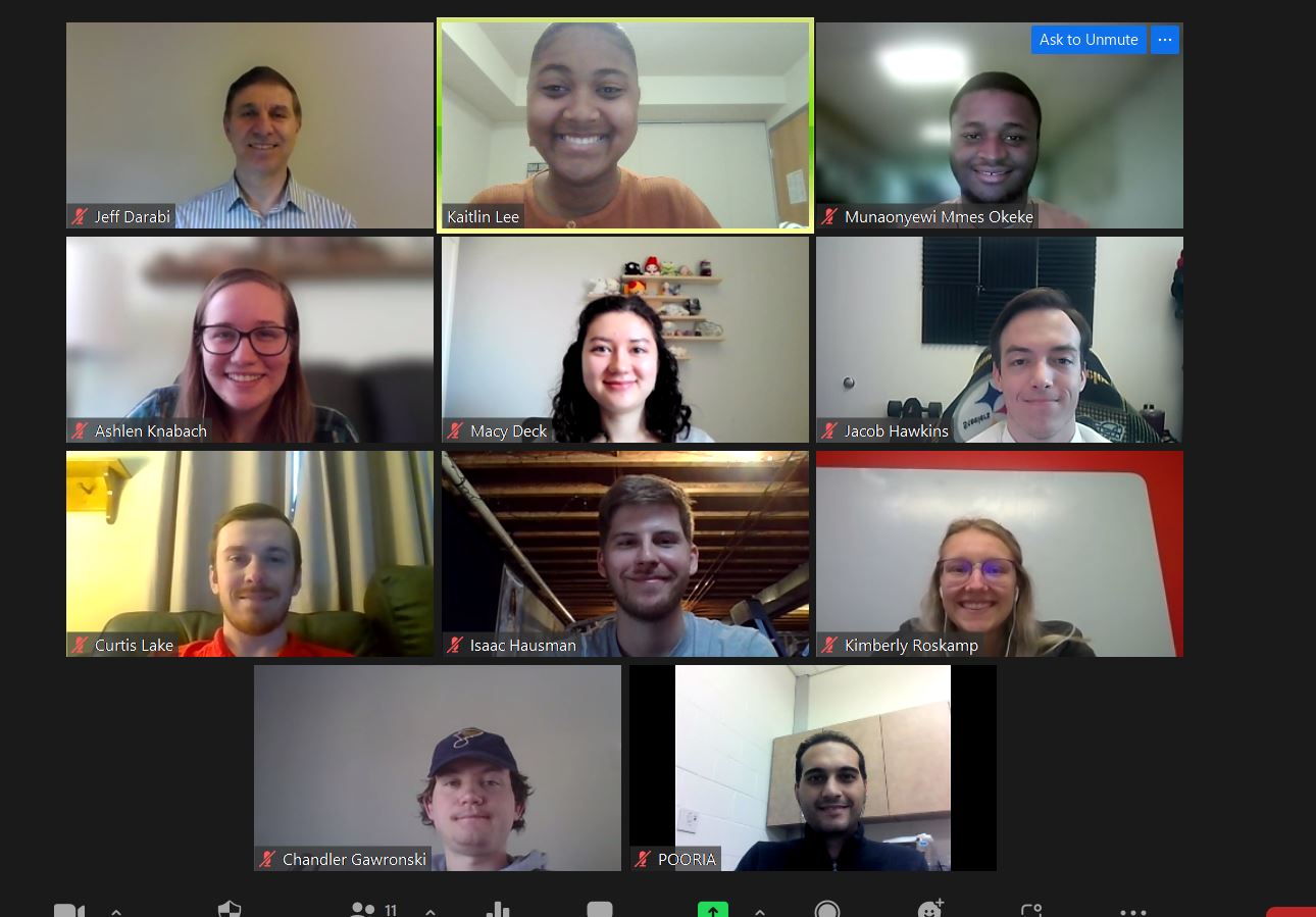 Screenshot from Spring 2022 Initiation (seen from each row: Dr. Darabi, Kaitlin, Muna, Ashlen, Macy, Jacob, Curtis, Isaac, Kimberly, Chandler, and Pooria) 